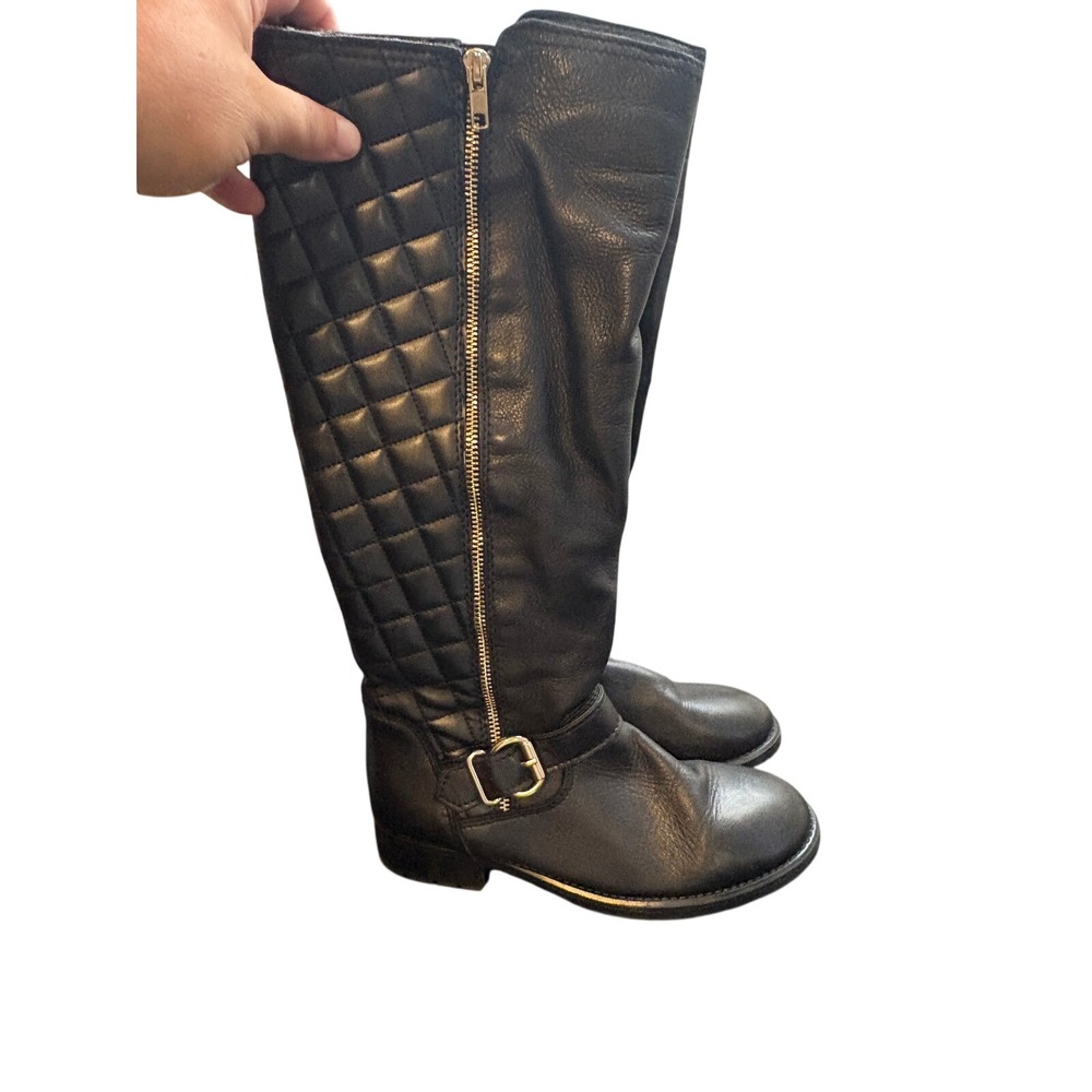 Aldo Black Leather Quilted Tall Moto Boots Gold Zip Lug Sole Women 7 Portugal